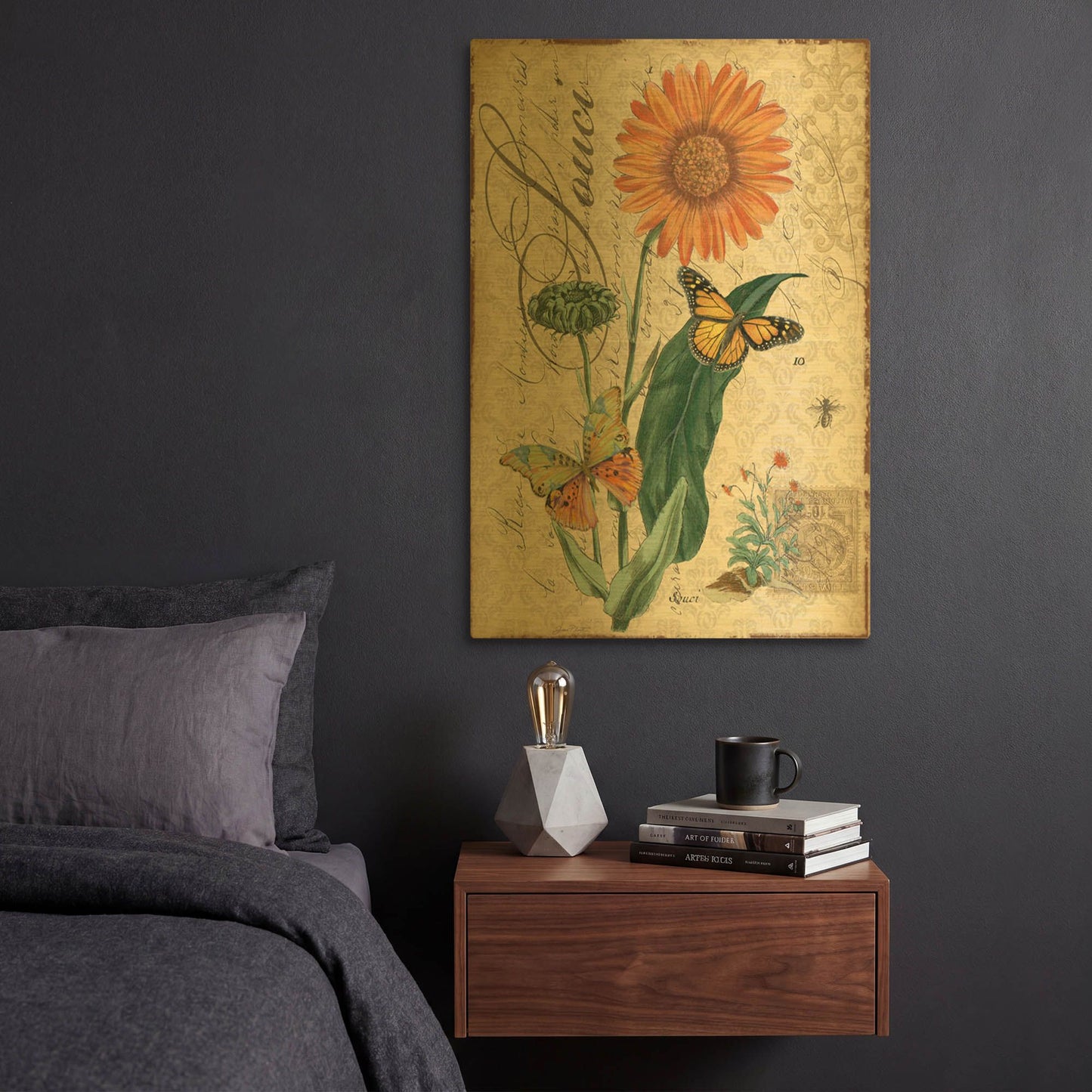 'Botanical Marigold Souci Damask' By Jean Plout Gold Metal Wall Art