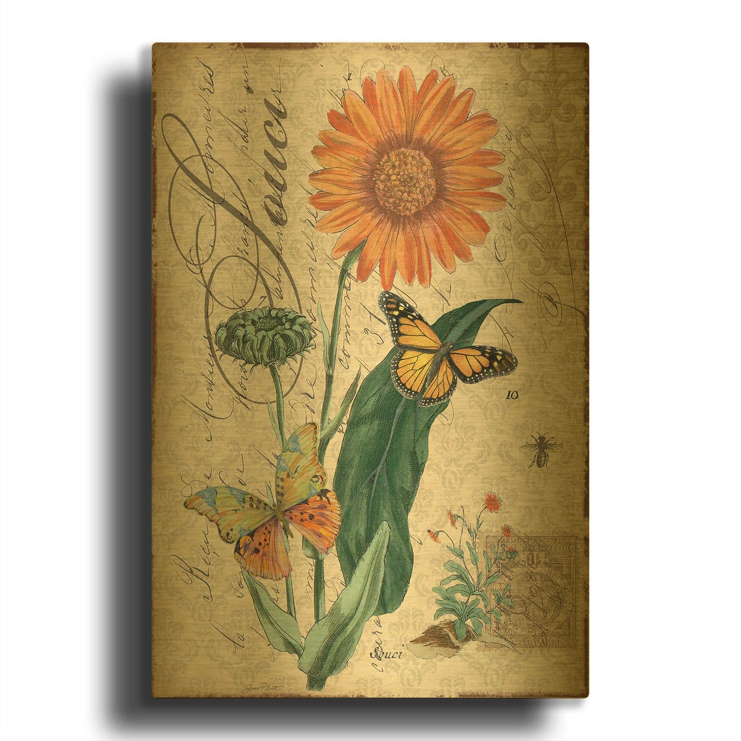 'Botanical Marigold Souci Damask' By Jean Plout Gold Metal Wall Art