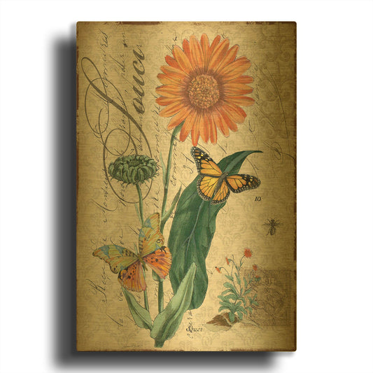 'Botanical Marigold Souci Damask' By Jean Plout Gold Metal Wall Art