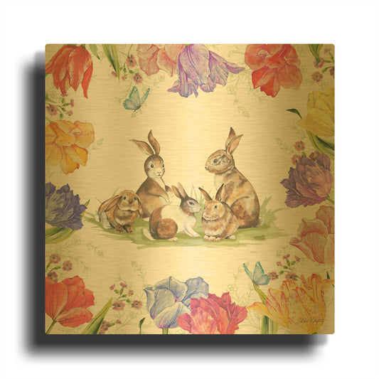 'Bunnies In The Tulips A' By Jean Plout Gold Metal Wall Art