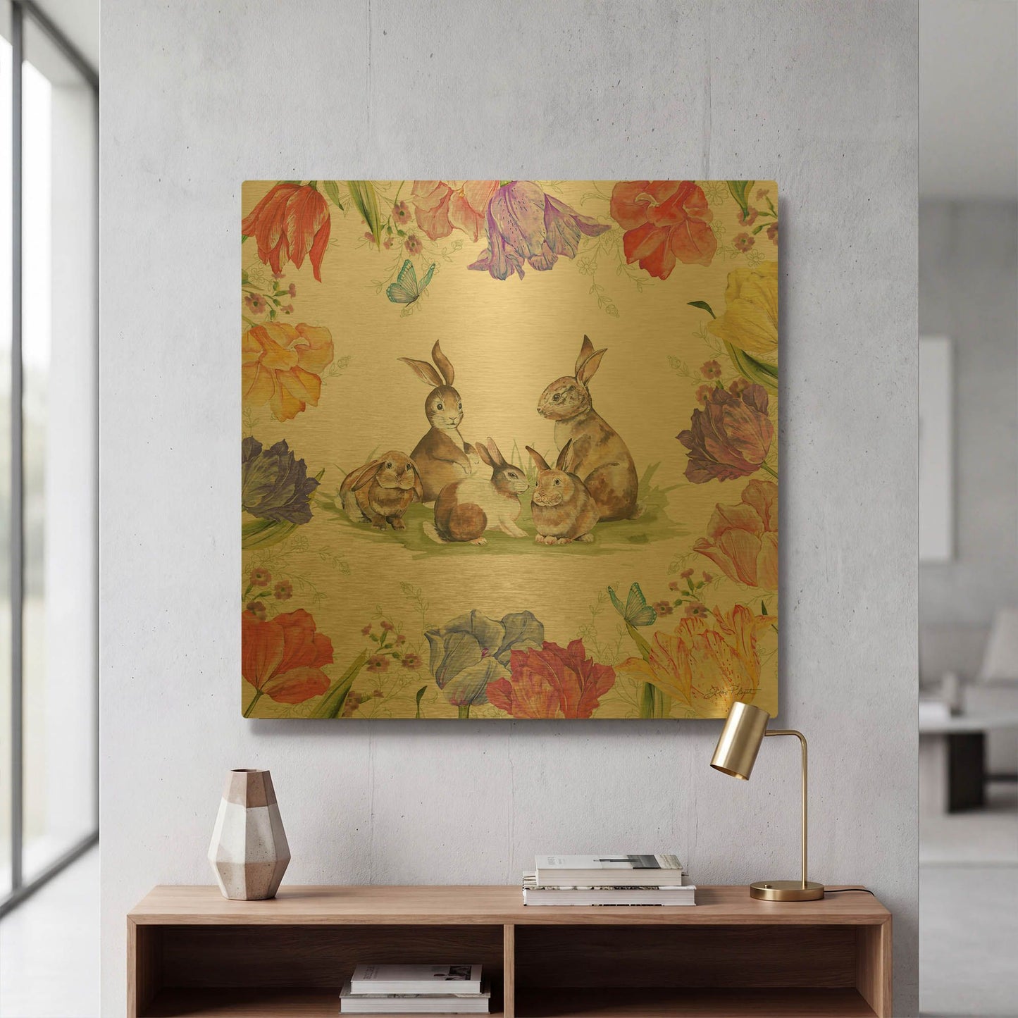 'Bunnies In The Tulips A' By Jean Plout Gold Metal Wall Art