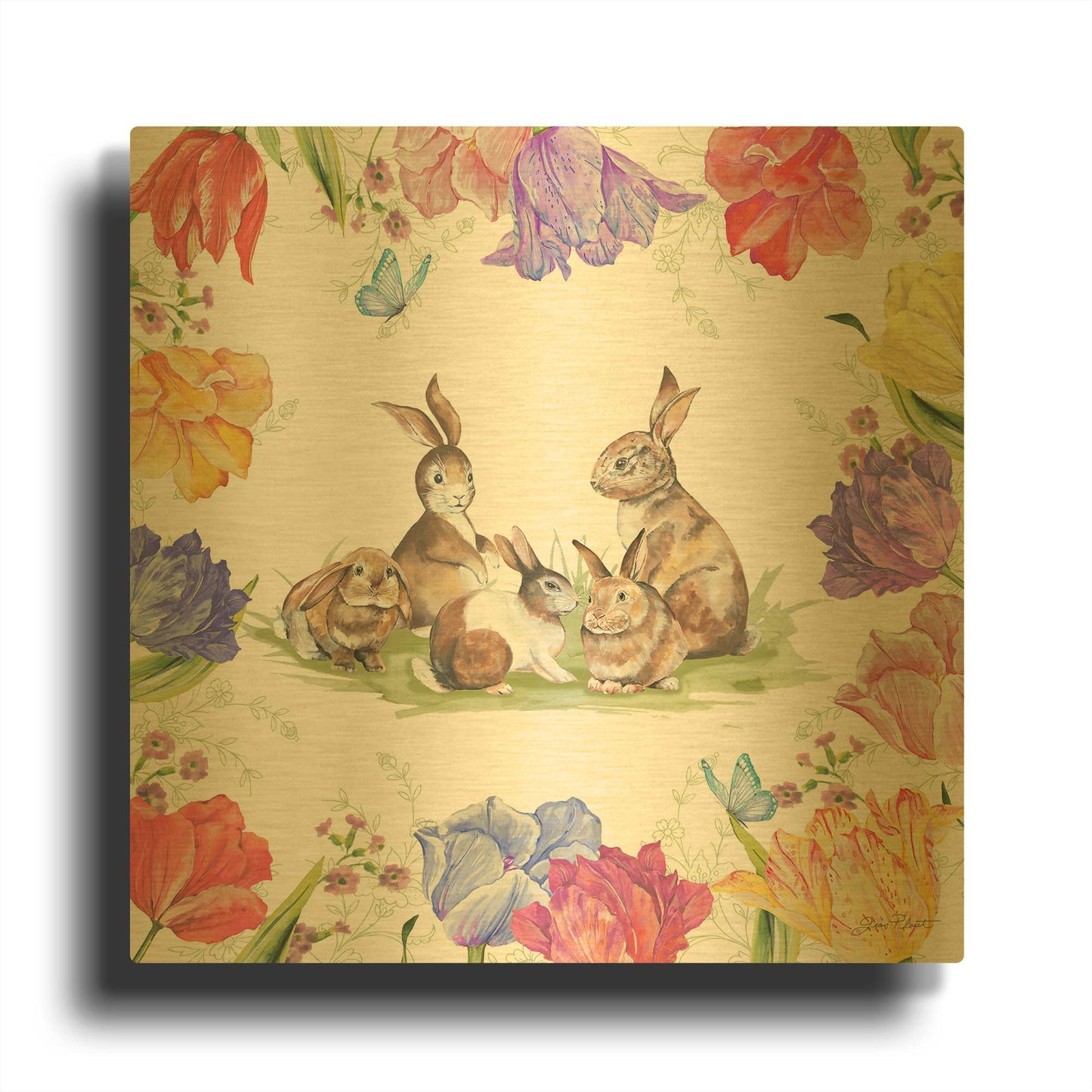 'Bunnies In The Tulips A' By Jean Plout Gold Metal Wall Art