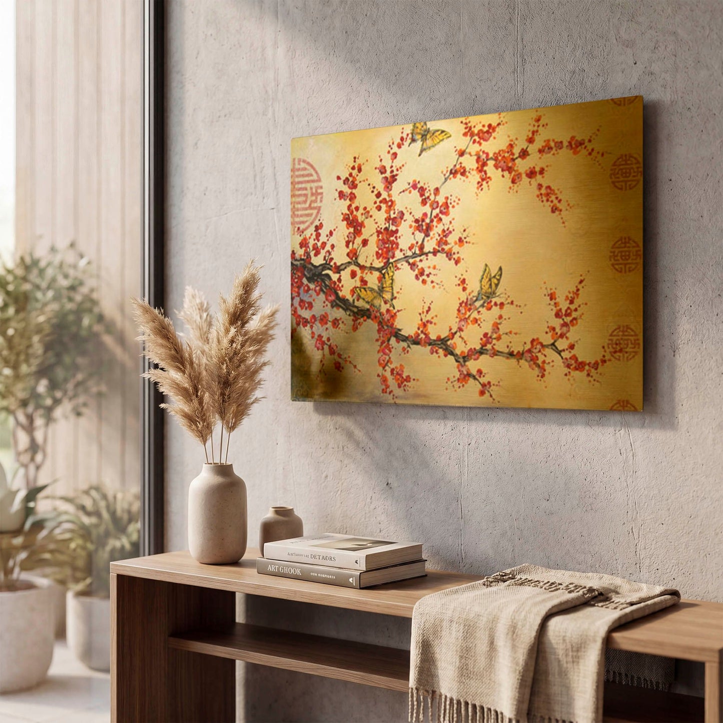 'Butterfly Blossoms Asian' By Jean Plout Gold Metal Wall Art