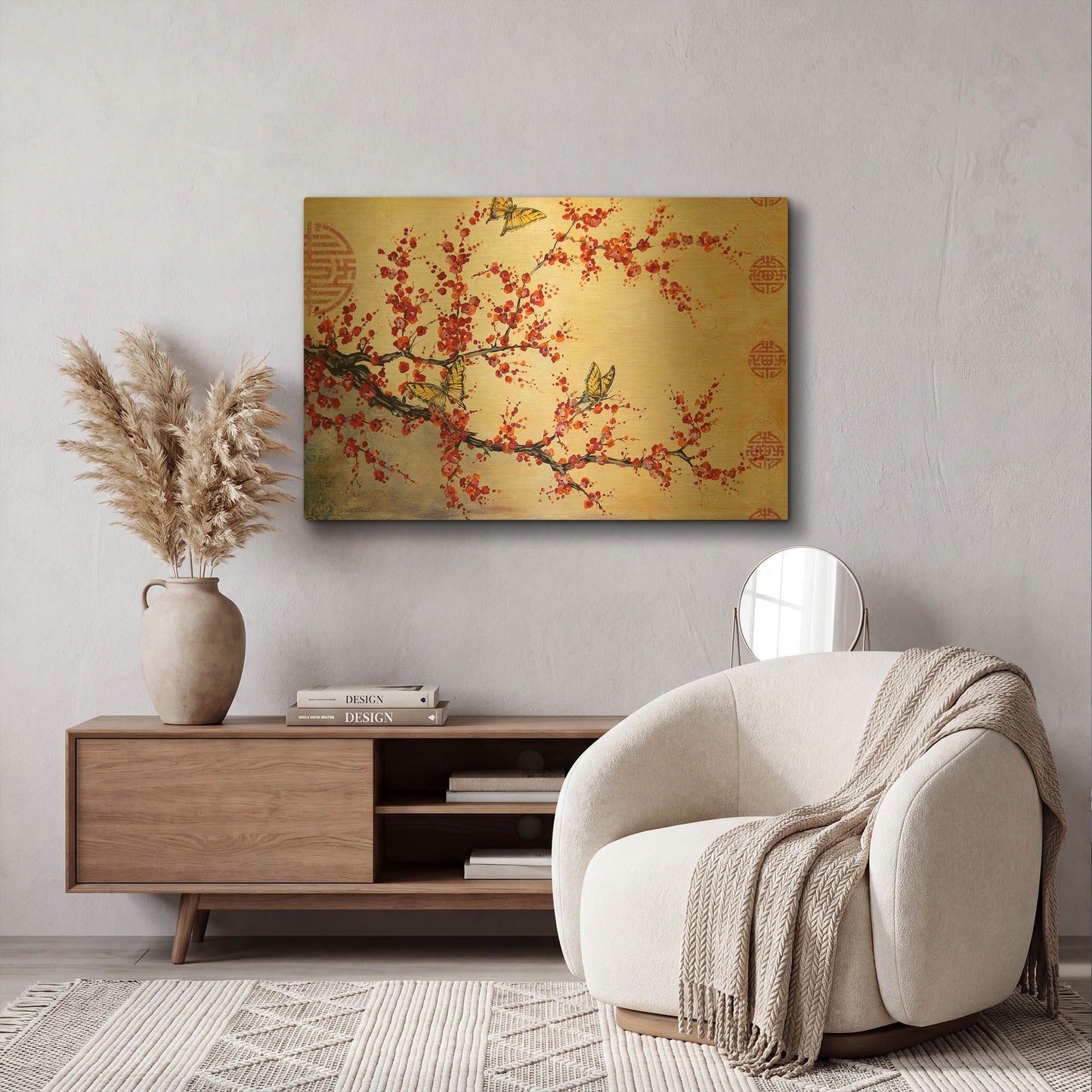 'Butterfly Blossoms Asian' By Jean Plout Gold Metal Wall Art