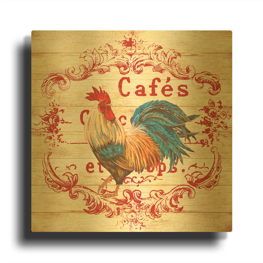 'Cafe Rooster On White' By Jean Plout Gold Metal Wall Art