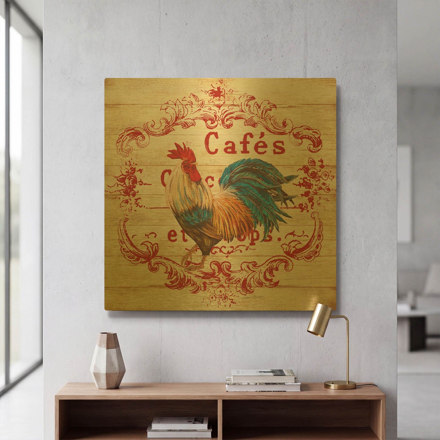 'Cafe Rooster On White' By Jean Plout Gold Metal Wall Art