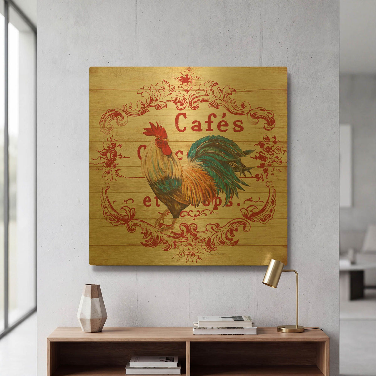 'Cafe Rooster On White' By Jean Plout Gold Metal Wall Art