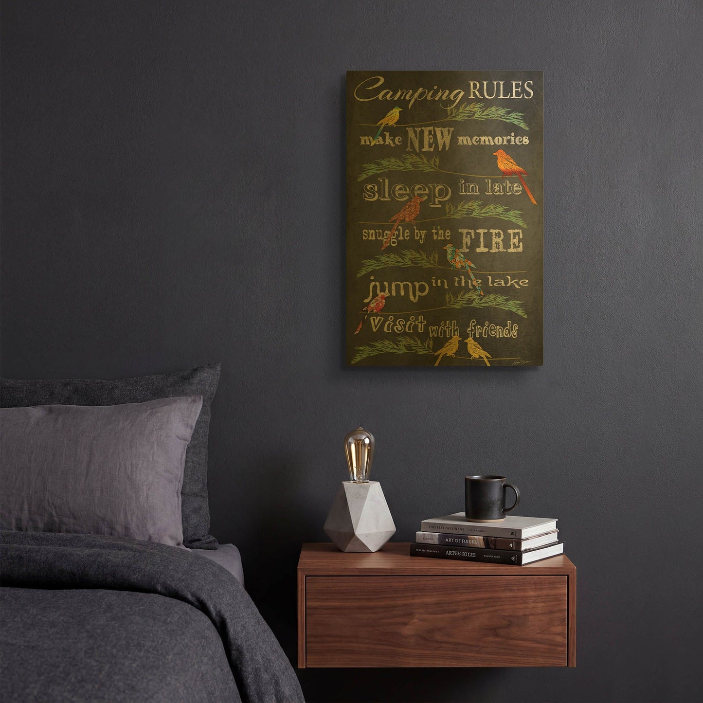 'Camping Rules Blackboard Birds' By Jean Plout Gold Metal Wall Art