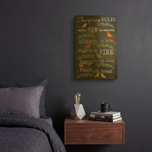'Camping Rules Blackboard Birds' By Jean Plout Gold Metal Wall Art