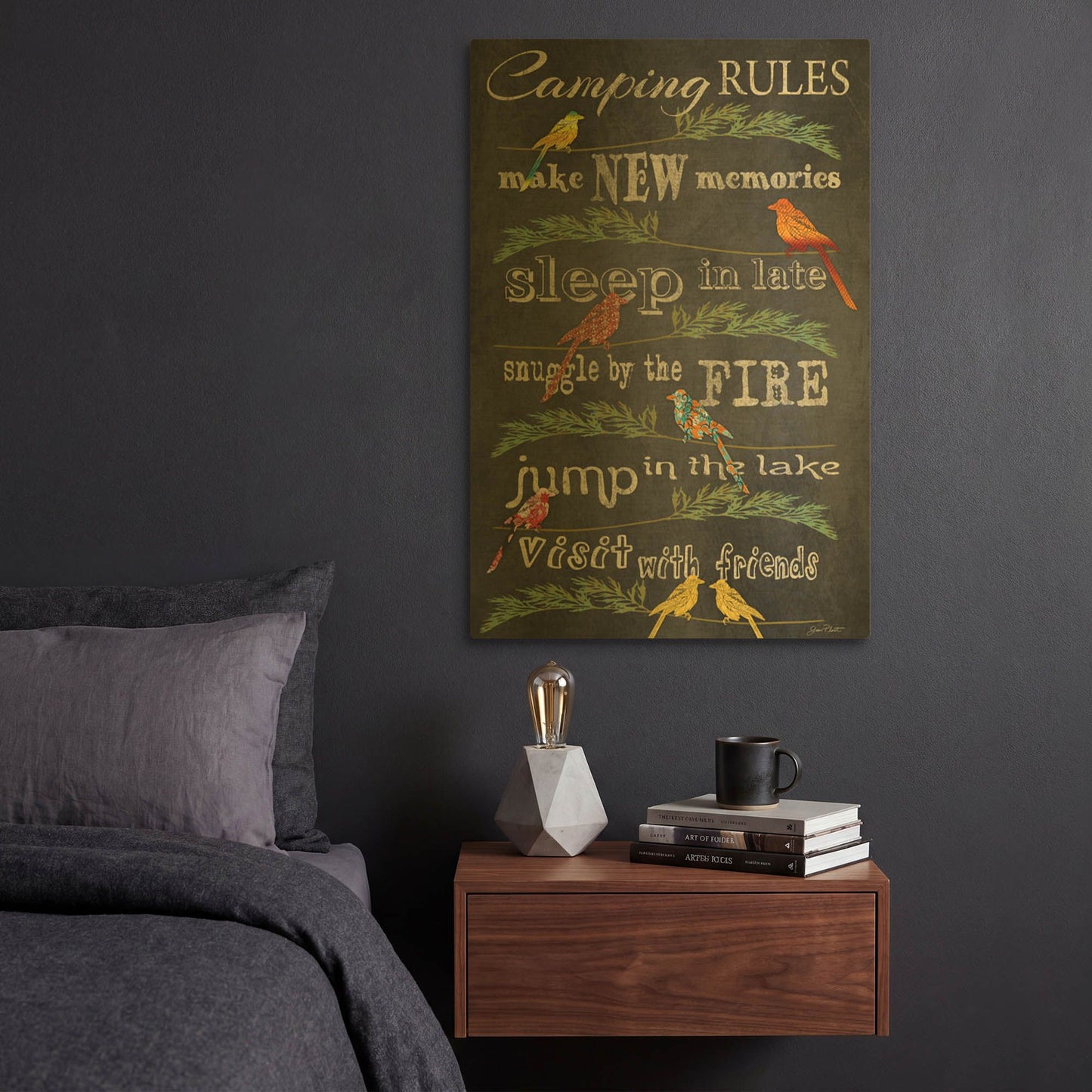 'Camping Rules Blackboard Birds' By Jean Plout Gold Metal Wall Art