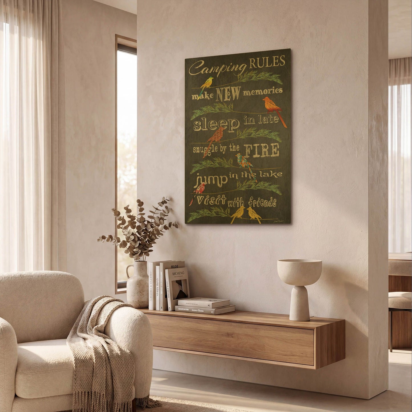 'Camping Rules Blackboard Birds' By Jean Plout Gold Metal Wall Art