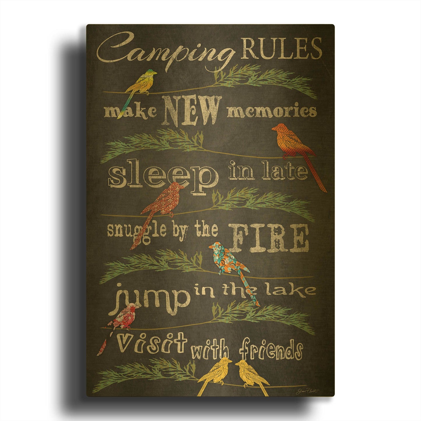 'Camping Rules Blackboard Birds' By Jean Plout Gold Metal Wall Art