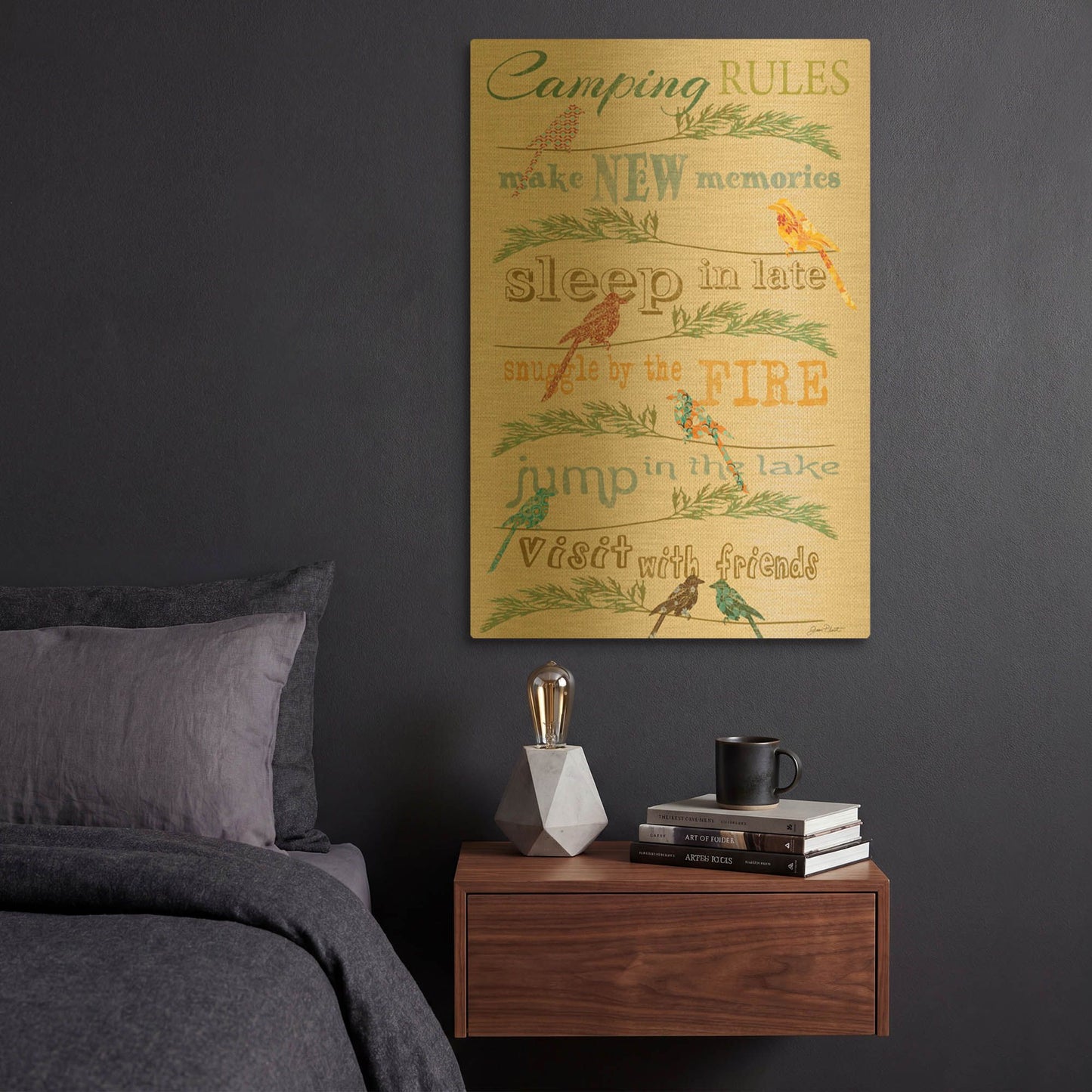 'Camping Rules White Fabric Birds' By Jean Plout Gold Metal Wall Art