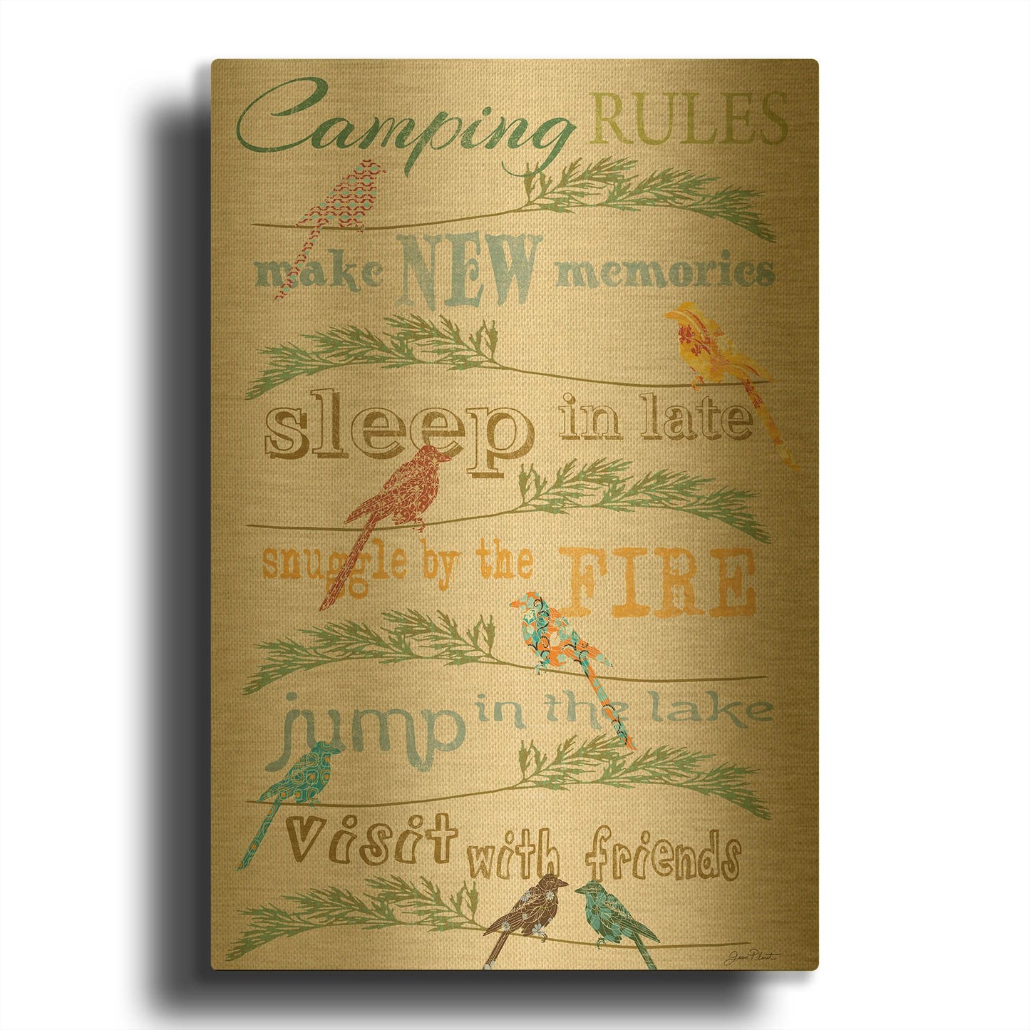 'Camping Rules White Fabric Birds' By Jean Plout Gold Metal Wall Art