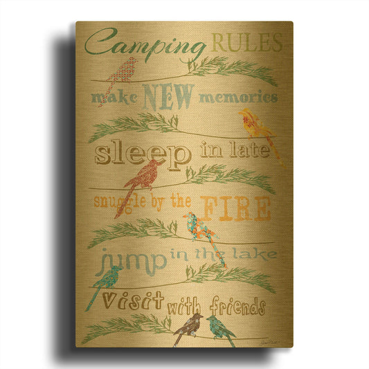 'Camping Rules White Fabric Birds' By Jean Plout Gold Metal Wall Art