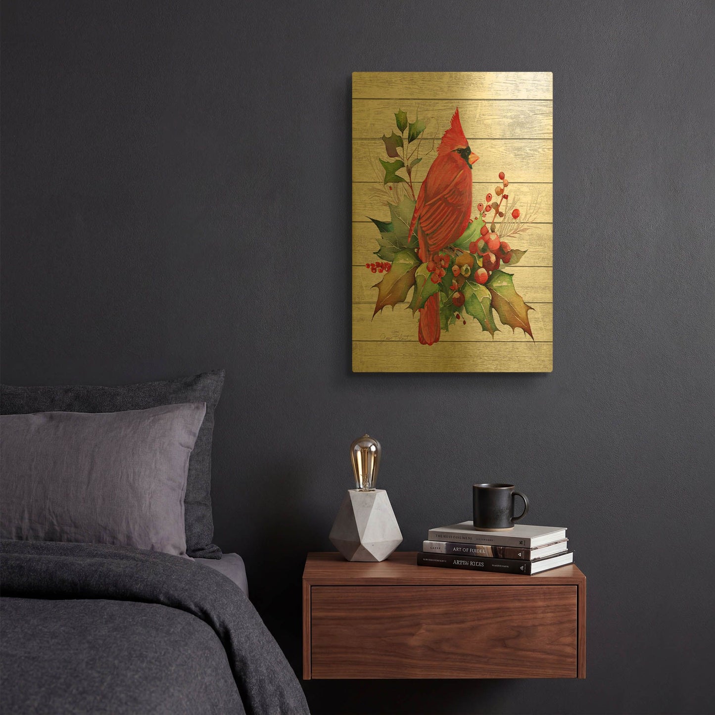 'Cardinal Christmas On Shiplap A' By Jean Plout Gold Metal Wall Art