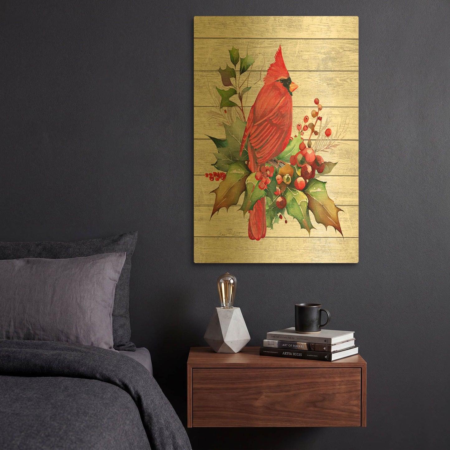 'Cardinal Christmas On Shiplap A' By Jean Plout Gold Metal Wall Art