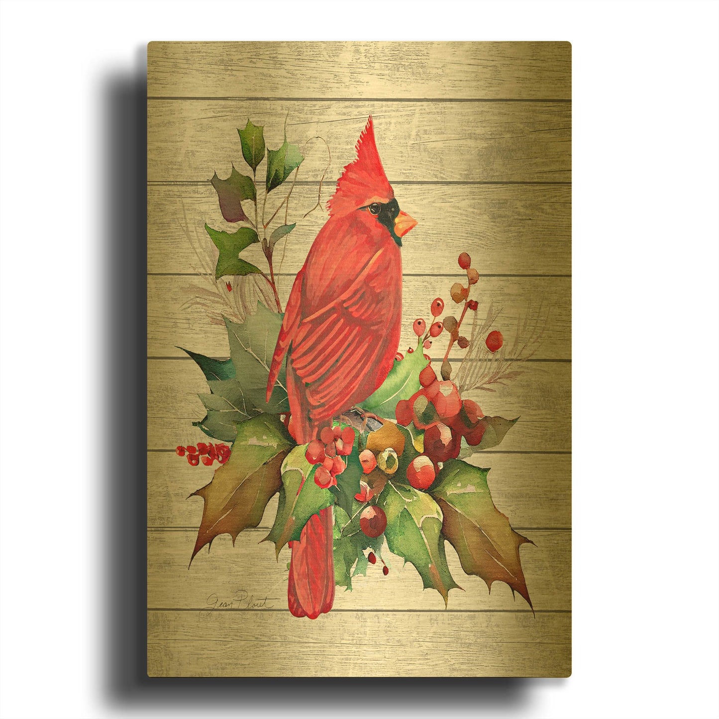 'Cardinal Christmas On Shiplap A' By Jean Plout Gold Metal Wall Art