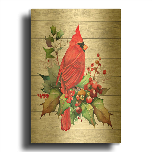 'Cardinal Christmas On Shiplap A' By Jean Plout Gold Metal Wall Art