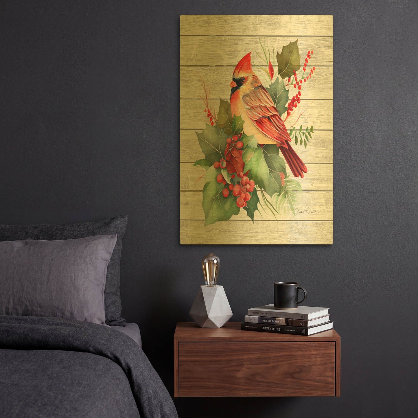 'Cardinal Christmas On Shiplap B' By Jean Plout Gold Metal Wall Art