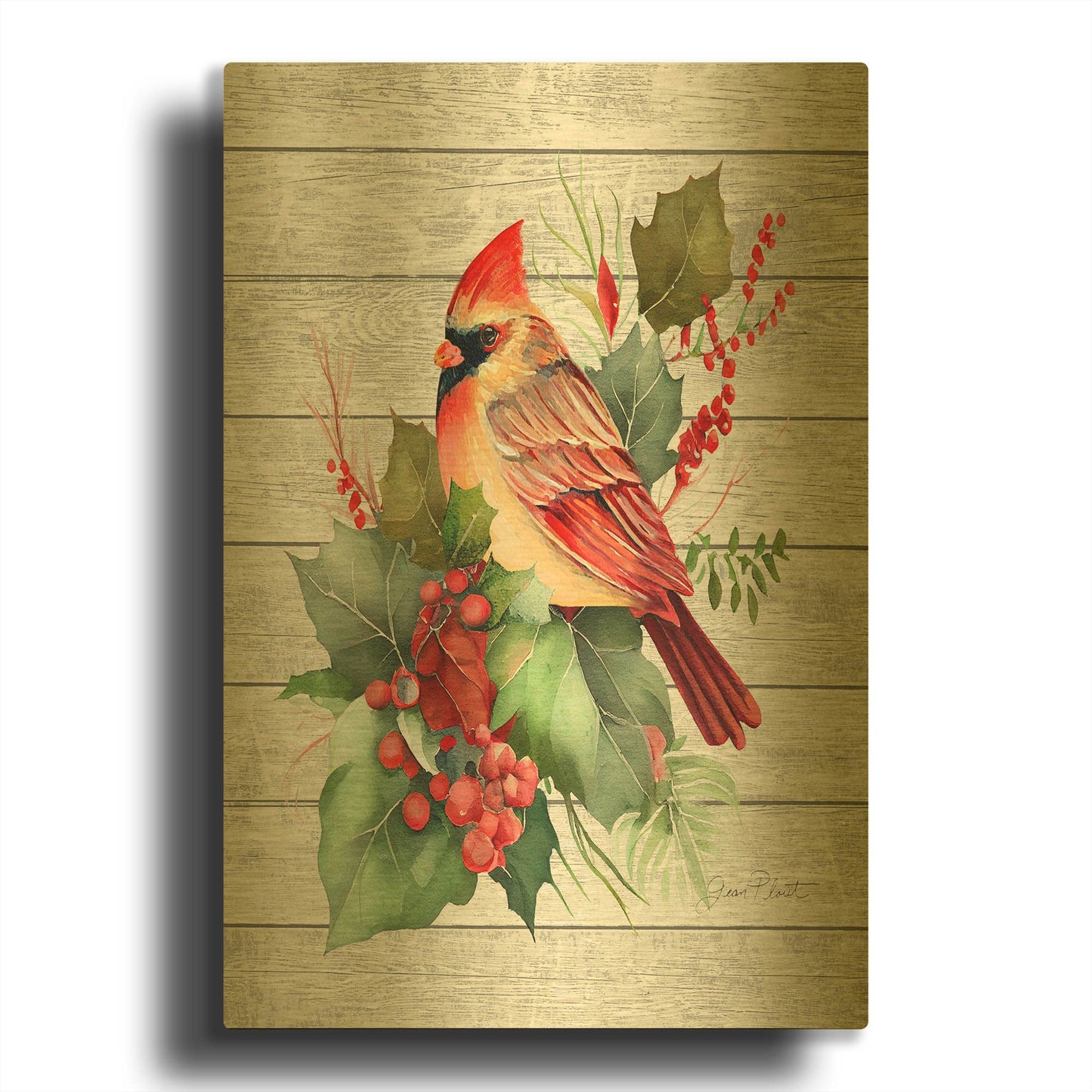 'Cardinal Christmas On Shiplap B' By Jean Plout Gold Metal Wall Art