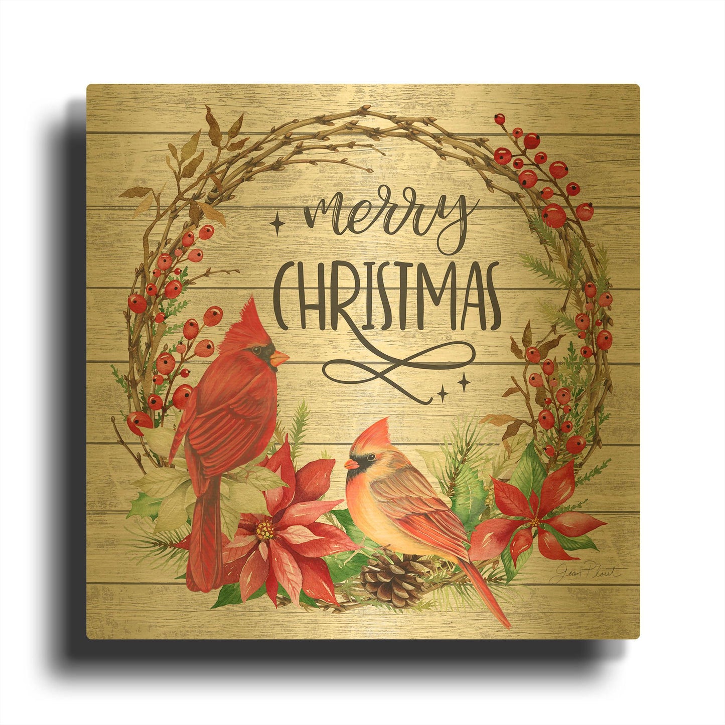 'Cardinal Christmas Wreath' By Jean Plout Gold Metal Wall Art