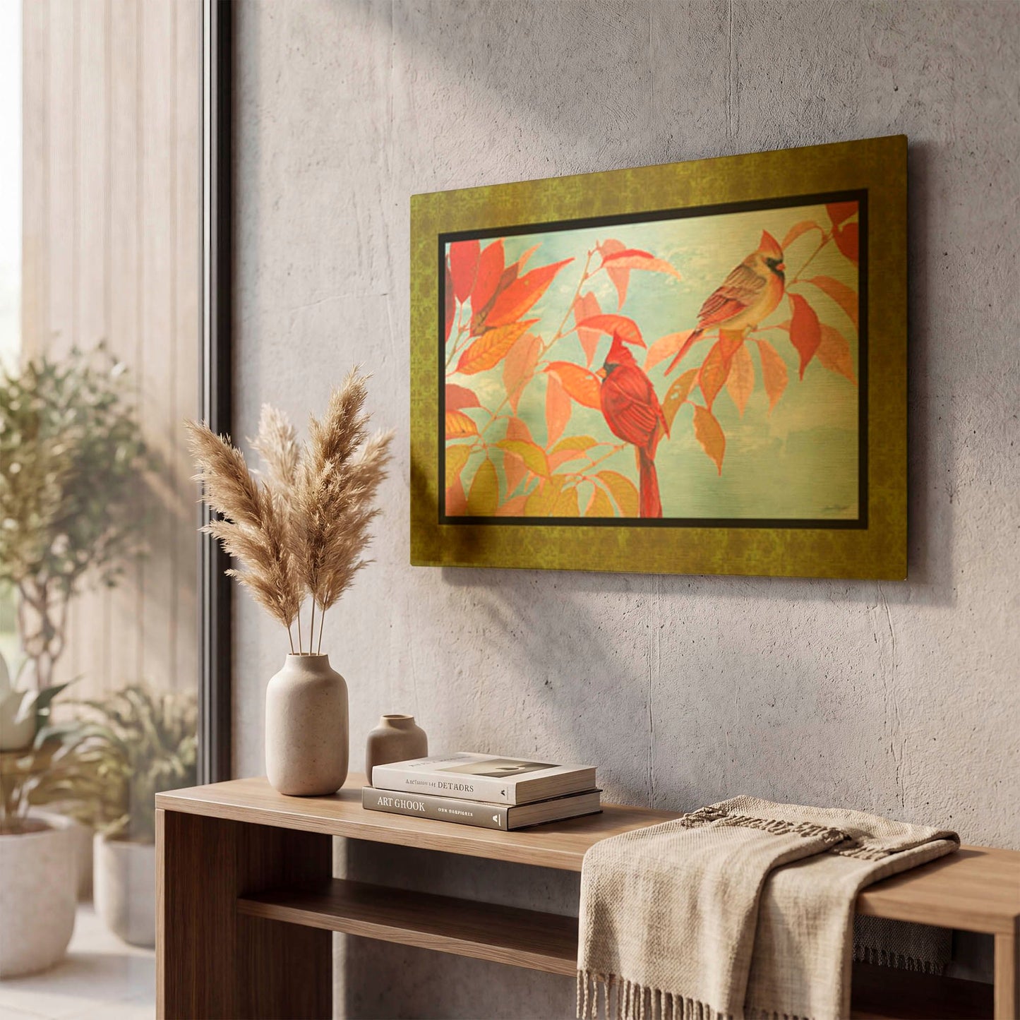 'Cardinal Pair In The Fall Green Border' By Jean Plout Gold Metal Wall Art