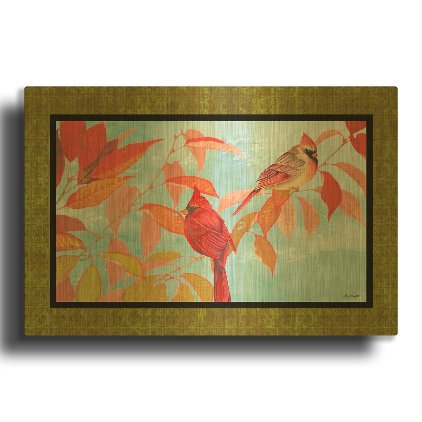 'Cardinal Pair In The Fall Green Border' By Jean Plout Gold Metal Wall Art
