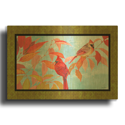 'Cardinal Pair In The Fall Green Border' By Jean Plout Gold Metal Wall Art