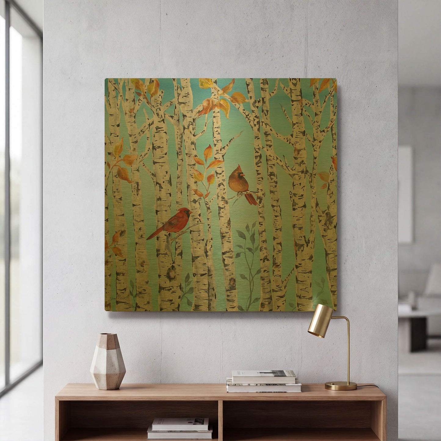 'Cardinals Among The Birch A' By Jean Plout Gold Metal Wall Art
