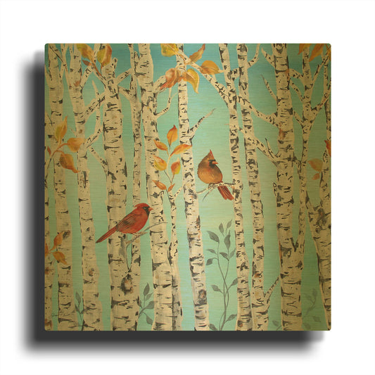 'Cardinals Among The Birch A' By Jean Plout Gold Metal Wall Art