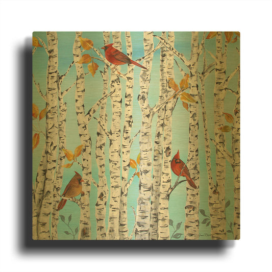 'Cardinals Among The Birch B' By Jean Plout Gold Metal Wall Art