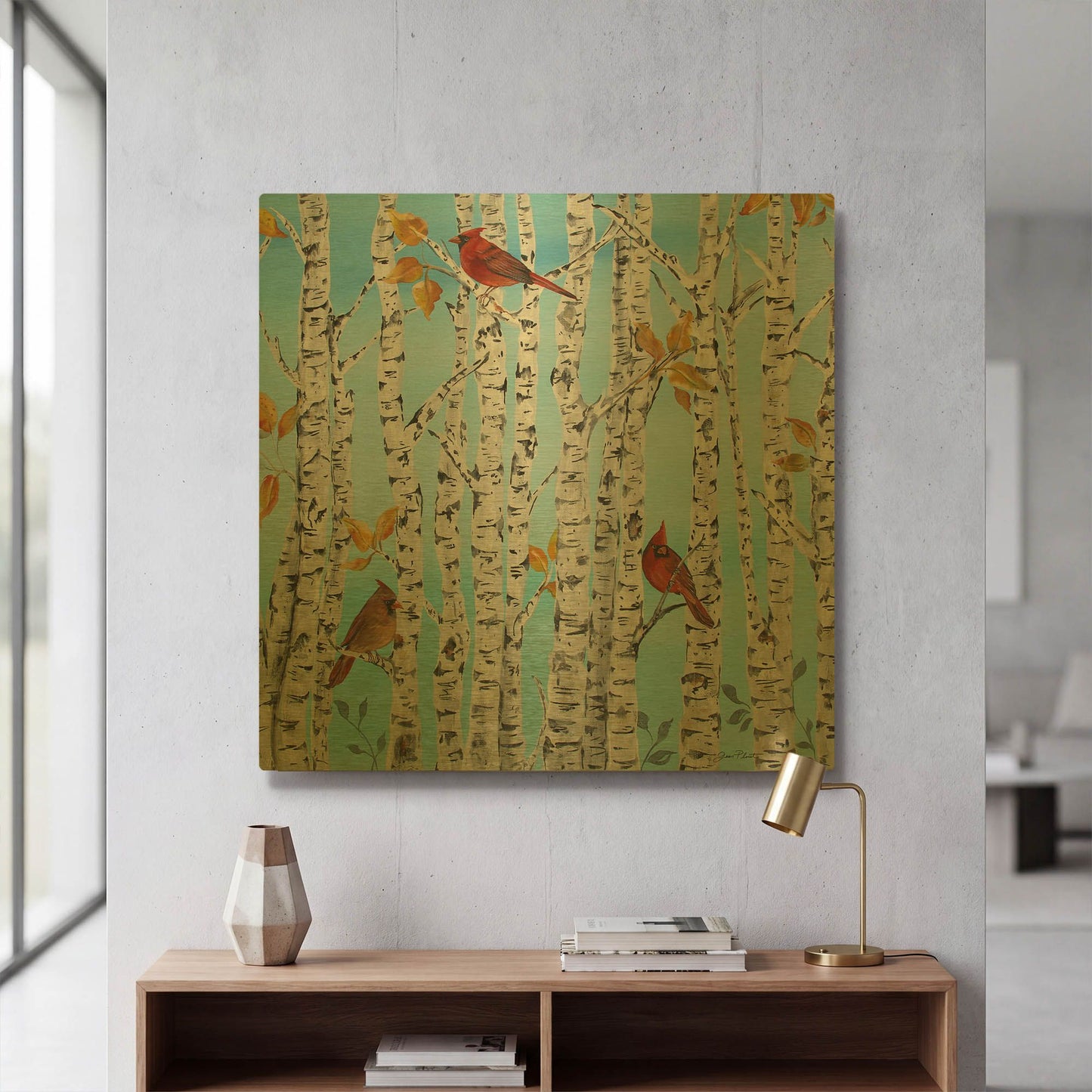 'Cardinals Among The Birch B' By Jean Plout Gold Metal Wall Art