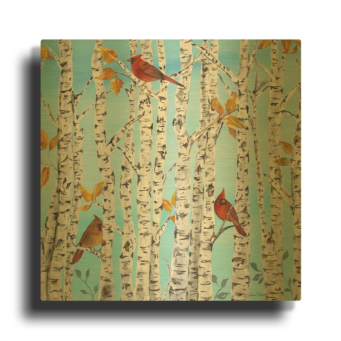 'Cardinals Among The Birch B' By Jean Plout Gold Metal Wall Art