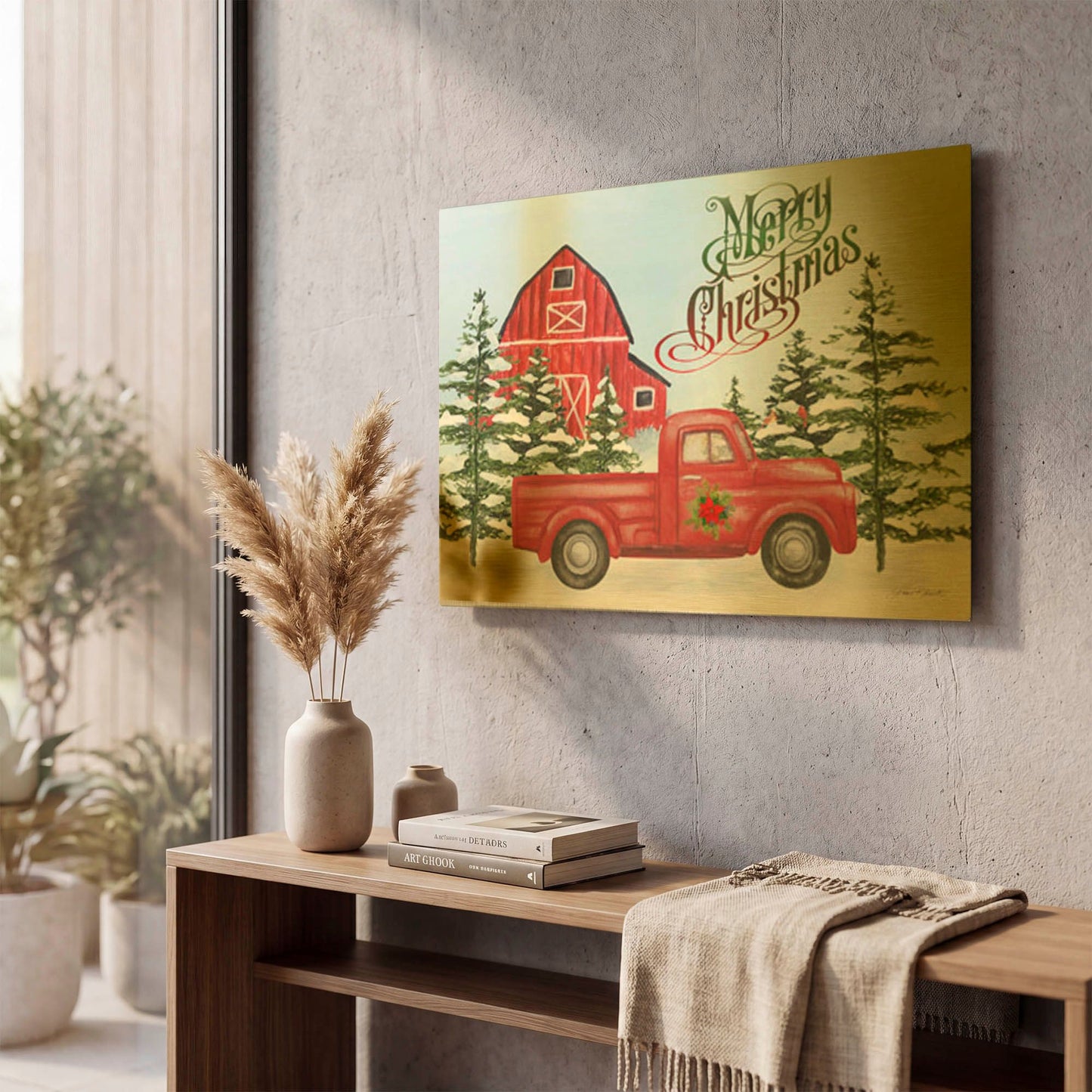 'Christmas Barn And Truck A' By Jean Plout Gold Metal Wall Art
