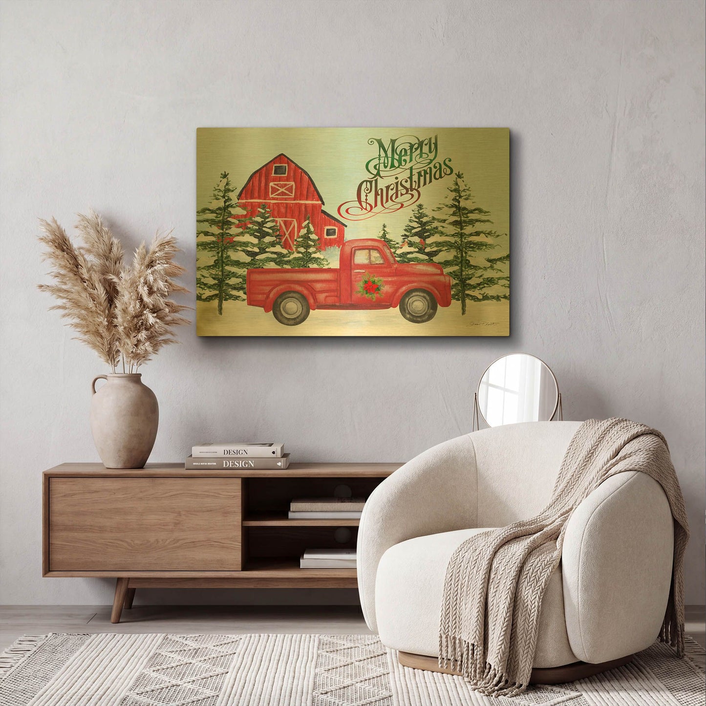 'Christmas Barn And Truck A' By Jean Plout Gold Metal Wall Art