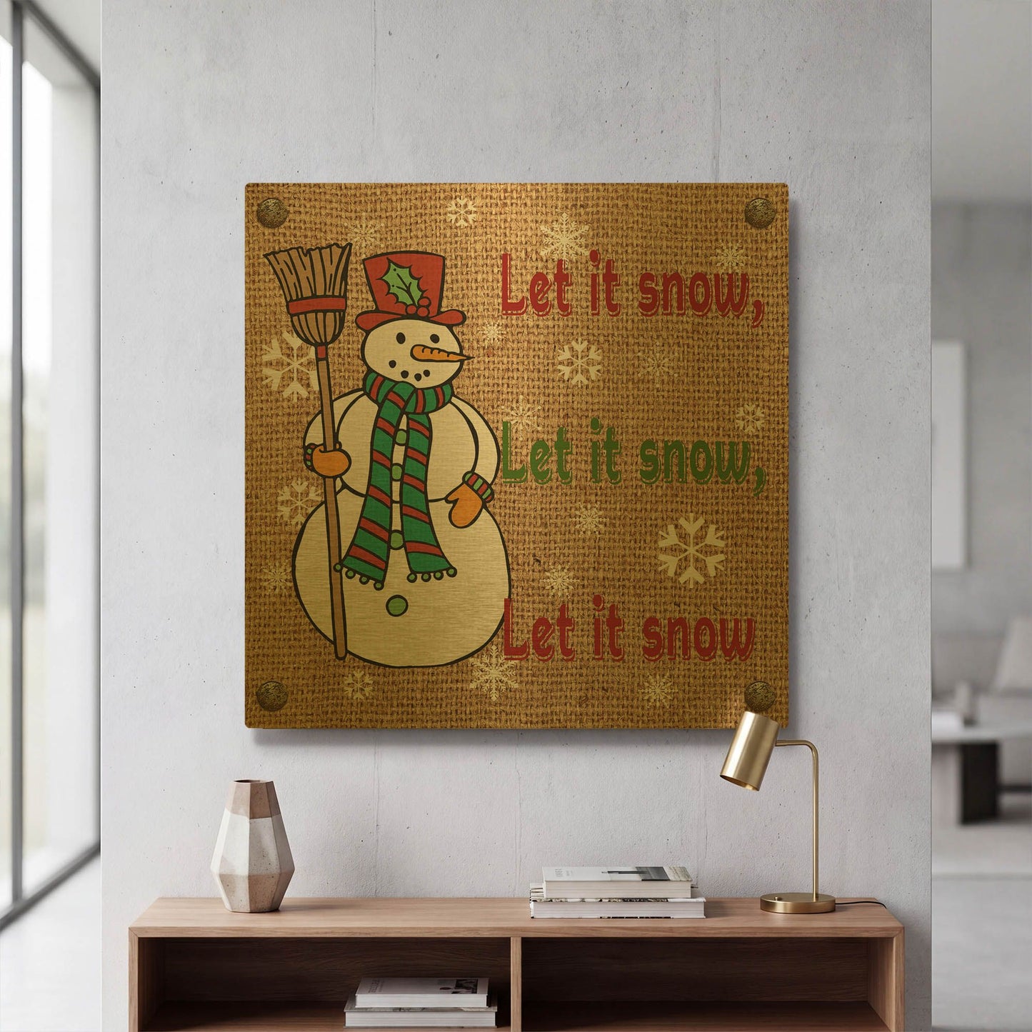 'Christmas On Burlap Let it Snow' By Jean Plout Gold Metal Wall Art