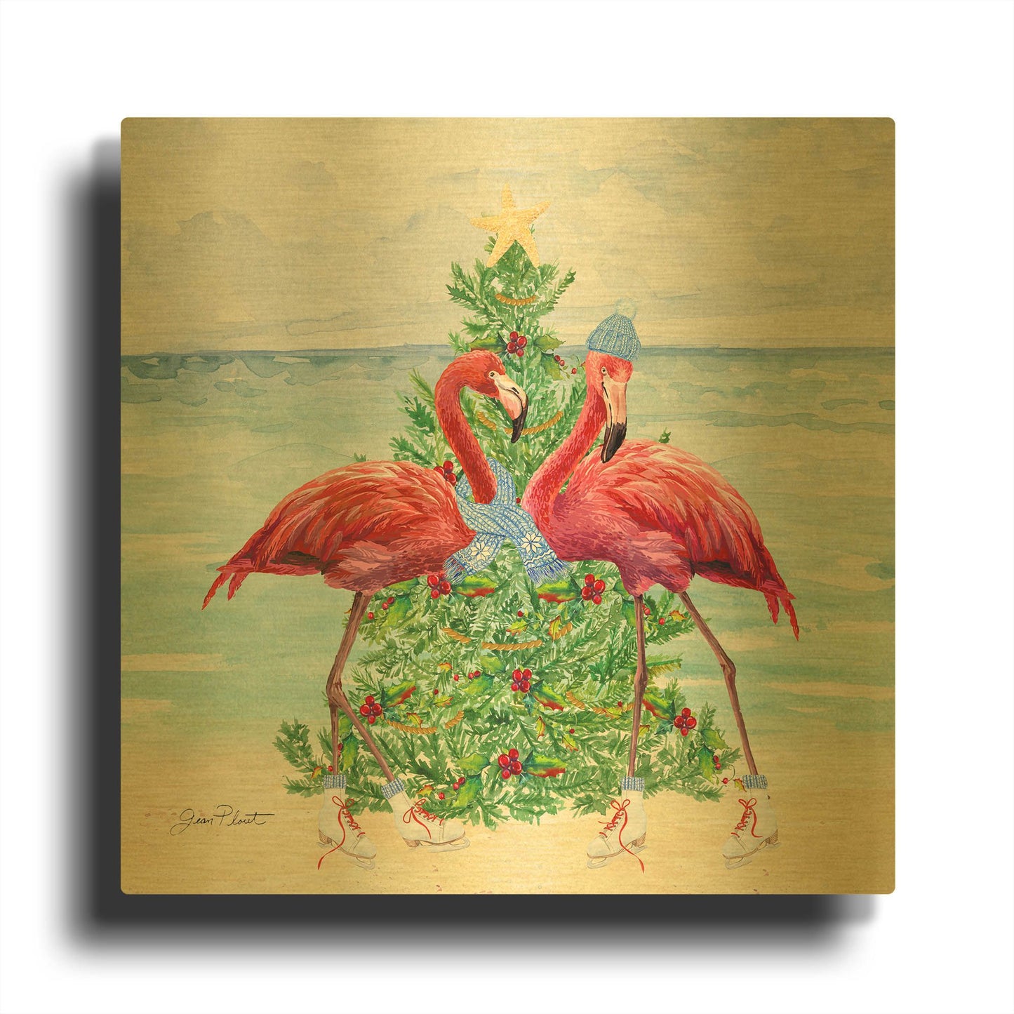 'Coastal Christmas Flamingos A' By Jean Plout Gold Metal Wall Art