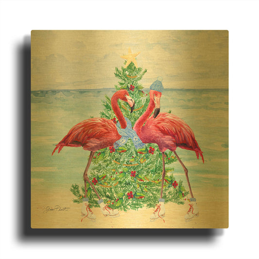 'Coastal Christmas Flamingos A' By Jean Plout Gold Metal Wall Art