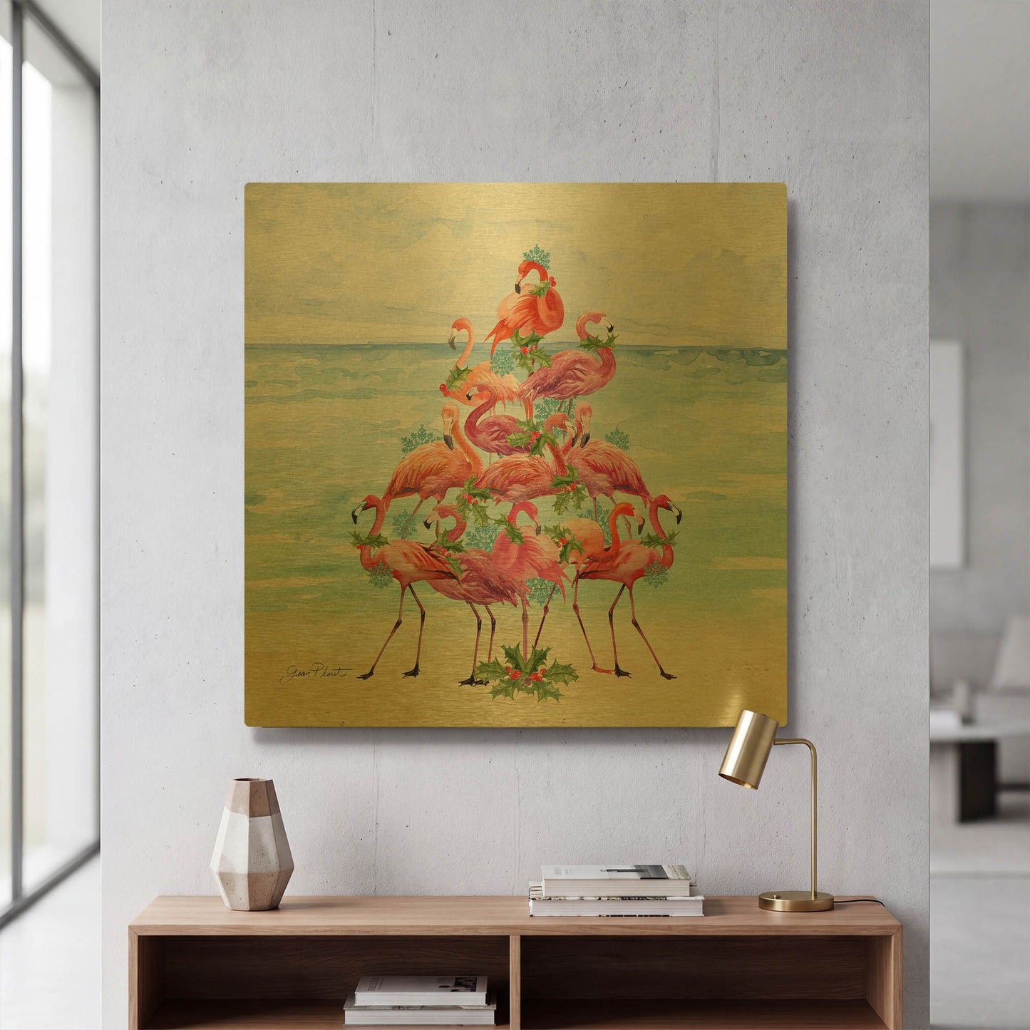 'Coastal Christmas Flamingos B' By Jean Plout Gold Metal Wall Art