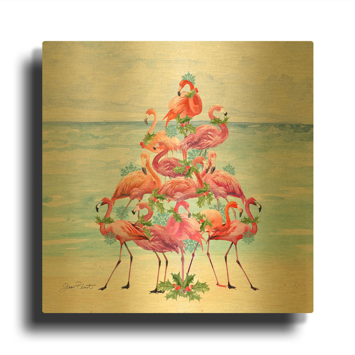 'Coastal Christmas Flamingos B' By Jean Plout Gold Metal Wall Art