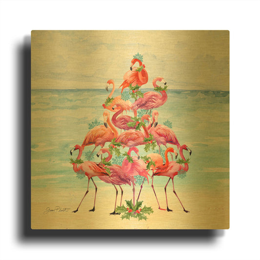 'Coastal Christmas Flamingos B' By Jean Plout Gold Metal Wall Art