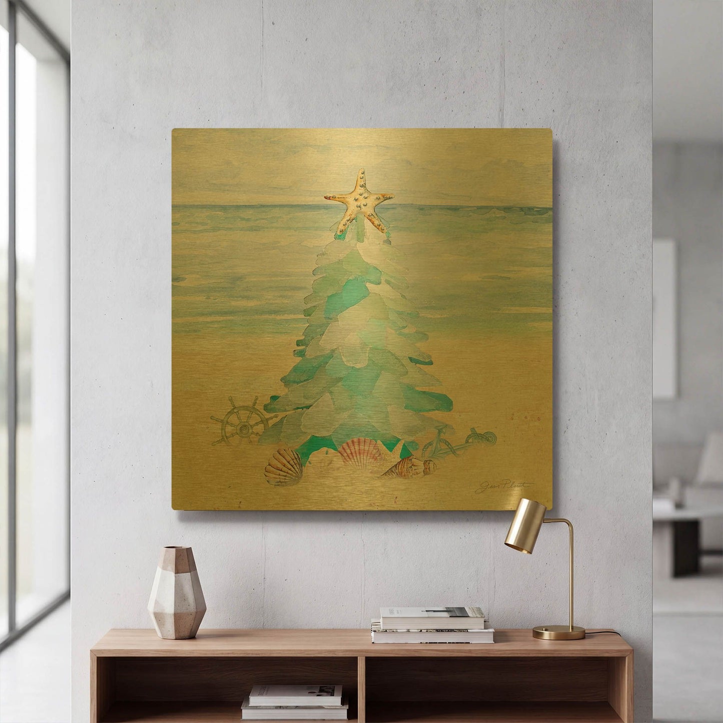 'Coastal Sea Glass Christmas Tree' By Jean Plout Gold Metal Wall Art