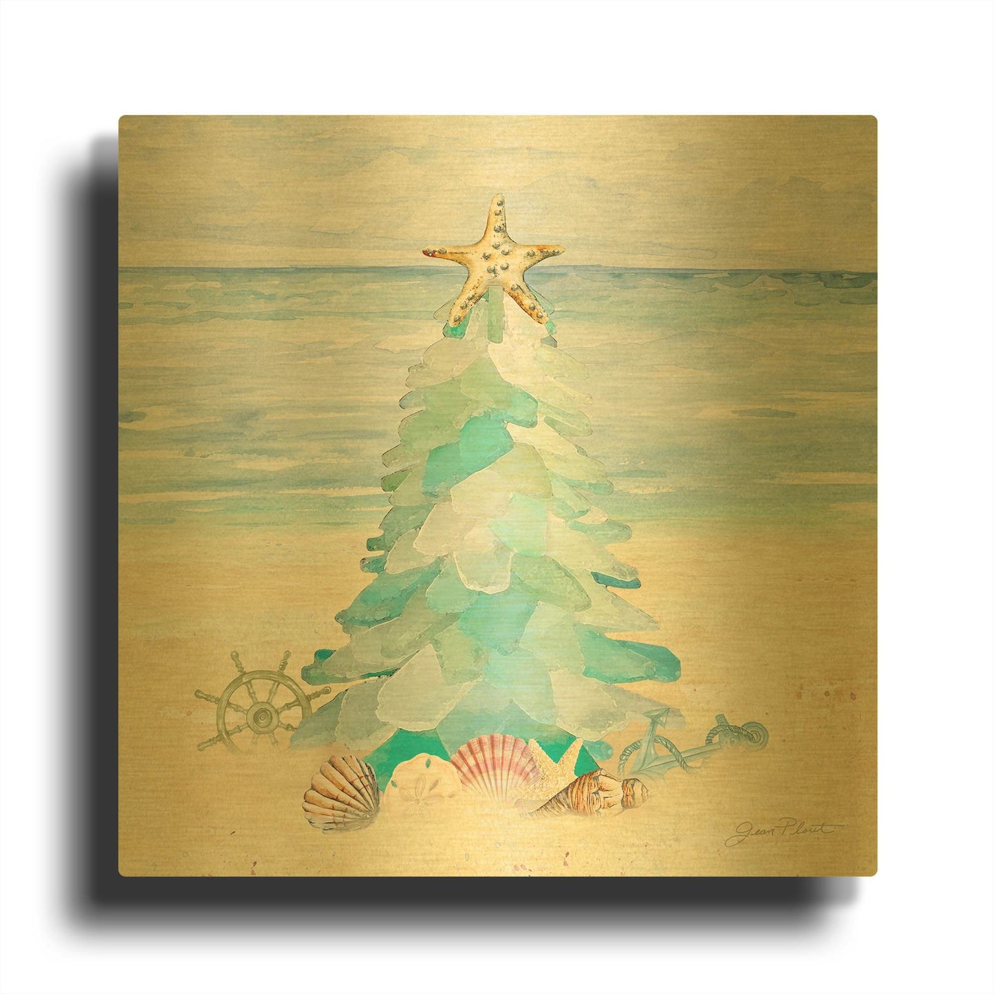 'Coastal Sea Glass Christmas Tree' By Jean Plout Gold Metal Wall Art