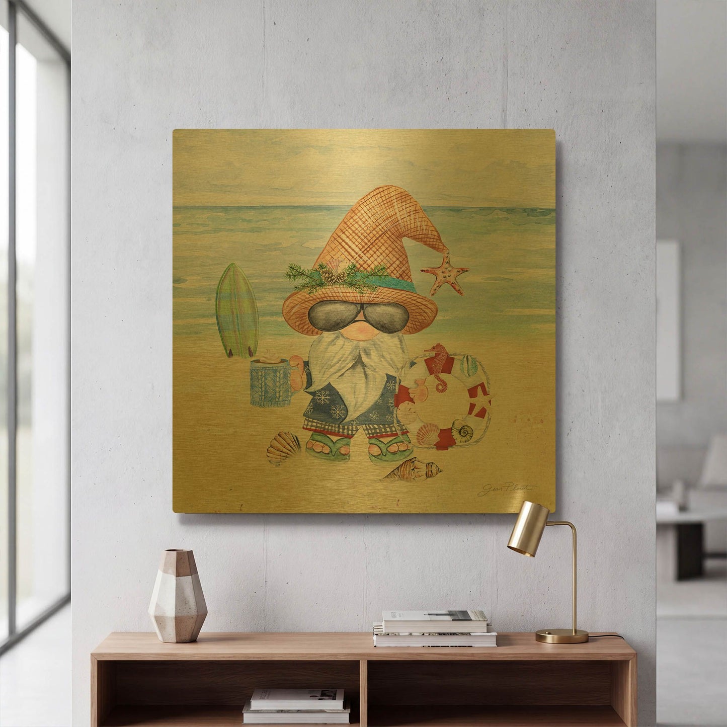 'Coastal Winter Gnome' By Jean Plout Gold Metal Wall Art