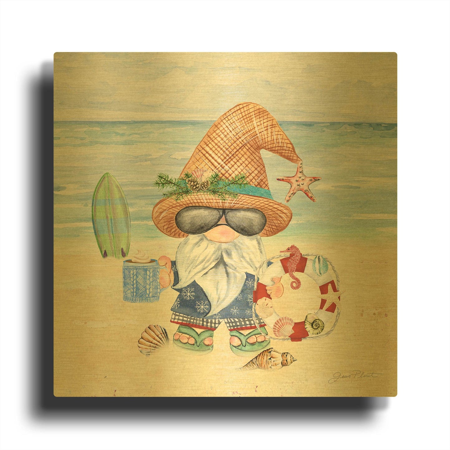 'Coastal Winter Gnome' By Jean Plout Gold Metal Wall Art
