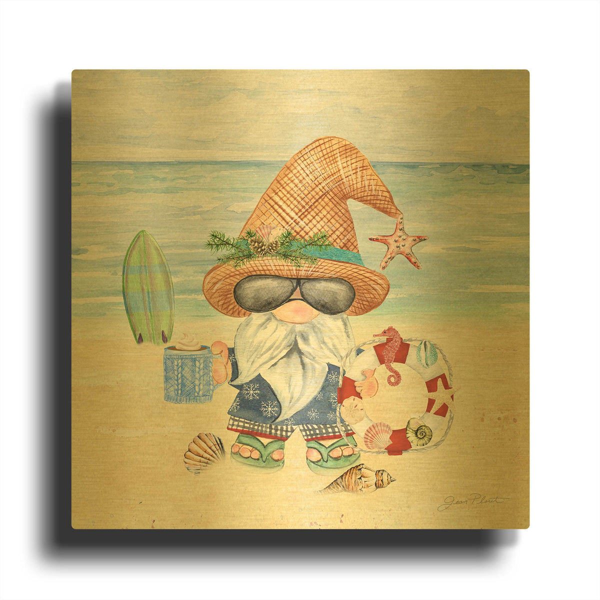 'Coastal Winter Gnome' By Jean Plout Gold Metal Wall Art
