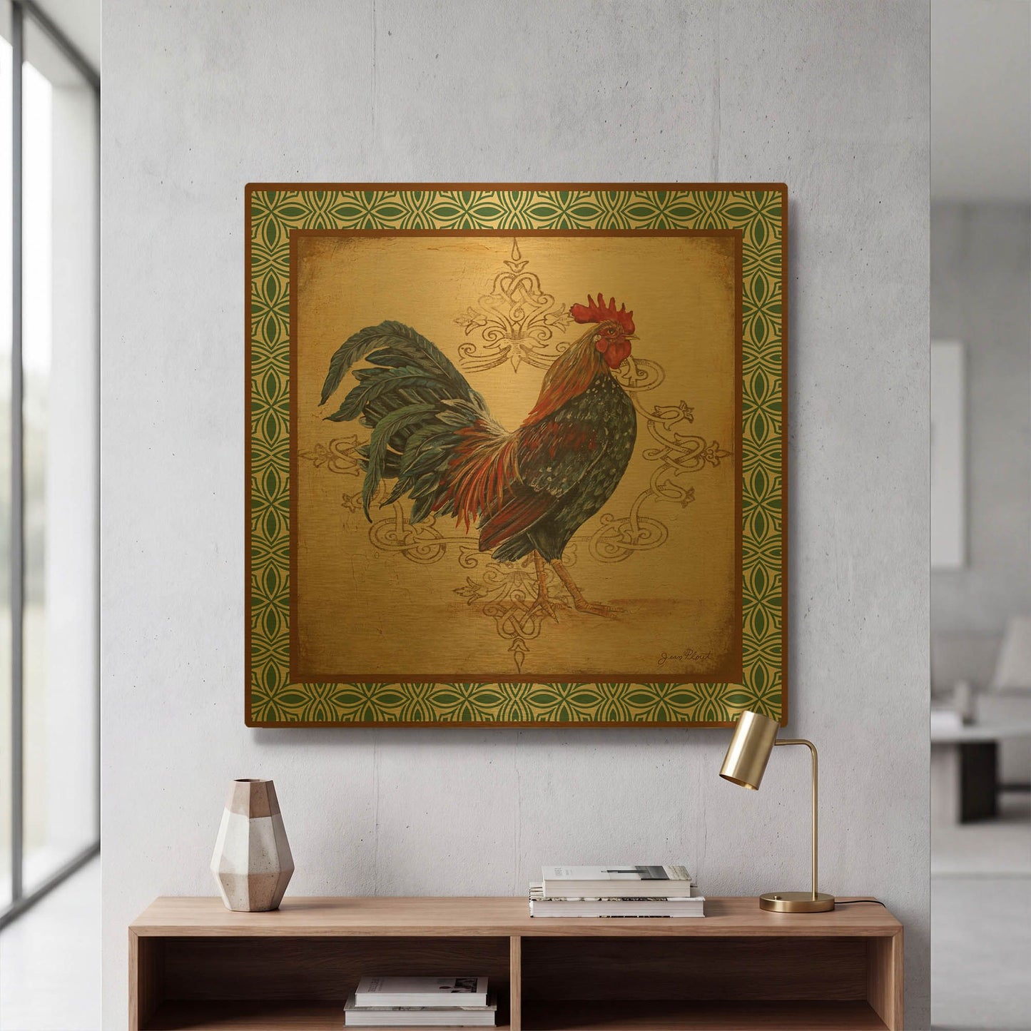 'Cockadoodledoo B Green Border' By Jean Plout Gold Metal Wall Art