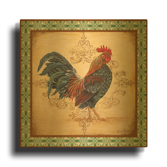 'Cockadoodledoo B Green Border' By Jean Plout Gold Metal Wall Art