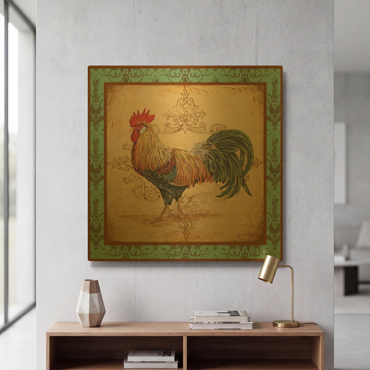 'Cockadoodledoo E Aqua Border' By Jean Plout Gold Metal Wall Art
